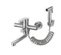 Grifo de cocina de acero inoxidable cepillado con pulverizador, mezclador de agua fría y caliente de una sola manija, grifo de fregadero montado en la pared para cocinas modernas