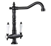 Grifo de Cocina de Bronce Antiguo con Doble manija, Mezclador de Fregadero Tradicional de latón Macizo con Cartucho de cerámica, Acabado Negro clásico para una Elegante decoración