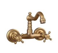 Grifo de Cocina de Cobre Empotrado en Pared de Doble Mango Caliente y Frío, Giro Antiguo Recto de Cinco Vías - Corto