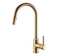 Grifo de cocina de latón macizo con rociador de 2 modos, grifo de fregadero extraíble de una sola manija, grifo mezclador de arco alto giratorio de 360° para agua caliente y fría, acabado dorado