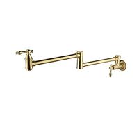 Grifo de cocina de latón macizo montado en la pared con boquilla giratoria de doble junta, relleno de ollas plegable, diseño de 2 asas, acabado dorado cepillado, perfecto para cocinas modernas