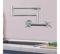 Grifo de Cocina de Pared de Acero Inoxidable Cepillado, 2 Modos, 2 manijas, Cepillado
