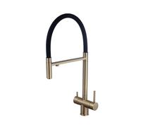 Grifo de cocina dorado cepillado de 3 vías con rociador extraíble, doble palanca, control flexible y filtro de agua, grifo mezclador moderno 3 en 1 para cocinas elegantes