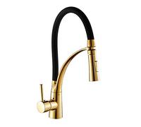 Grifo de cocina dorado, grifo fregadero una sola manija arco alto con rociador doble función extraíble, mezclador un solo orificio latón for agua fría y caliente