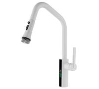 Grifo de cocina extraíble con pantalla digital, grifo giratorio de latón de 360° para agua caliente y fría, mezclador de fregadero de cocina de una manija, 3 funciones (blanco)