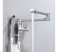 Grifo de cocina frío individual for montaje en pared con rociador lateral, grifo de fregadero de cocina plegable de latón con una sola manija y brazo oscilante de doble articulación, negro(Brushed)