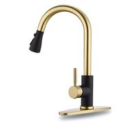 - Grifo de cocina giratorio de 360° con rociador de 2 funciones, grifo mezclador de acero inoxidable de un solo o tres agujeros para agua caliente y fría, acabado negro y dorado