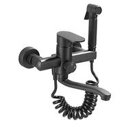 Grifo de cocina negro para lavabo, balcón, lavandería, piscina, doble agujero en la pared, grifo caliente y frío con pistola pulverizadora, color negro
