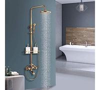 Grifo de ducha de baño, cabezal de ducha de lluvia, grifo de bañera de pulverización manual con estante de almacenamiento, doble asa, agua fría y caliente, latón envejecido, juego de ducha de montaje