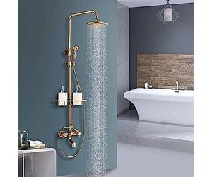 Grifo de ducha de baño, cabezal de ducha de lluvia, grifo de bañera de pulverización manual con estante de almacenamiento, doble asa, agua fría y caliente, latón envejecido, juego de ducha de montaje