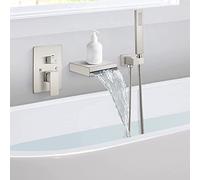 Grifo de Ducha de Pared Tipo Cascada con caño de llenado y Ducha de Mano, Monomando, de latón, para bañera y Ducha de baño, Acabado en Bronce aceitado (Bronce aceitado).