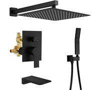 Grifo de Ducha Empotrado, Con Caño de bañera Cascada y Alcachofa de ducha de Mano, 12" Lluvia Latón Sistema de ducha Conjunto 3 Funciones - Instalación Fácil,Matte black