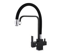 Grifo de fregadero cocina arco alto agua potable comercial 3 en 1 con rociador desplegable, grifo purificador filtro mezclador giratorio 360 ° doble manija latón macizo, negro(Noir)