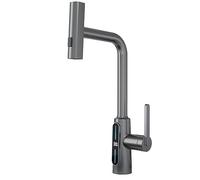 Grifo de fregadero de cocina con pantalla LED de temperatura, grifo de cocina con pulverizador extraíble, mango único de lluvia en cascada, color blanco