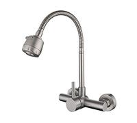 Grifo de fregadero de cocina montado en la pared, acero inoxidable, doble agujero, caliente y frío, rotación universal, grifo mezclador de cocina flexible