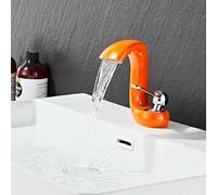 Grifo De Lavabo Cascada Blanco-Plata, Grifo Monomando De Latón para Agua Fría Y Caliente, Instalación De Un Orificio Deck Mount, Incluye 2 Latiguillos De 3/8" Orange Silver