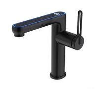 Grifo de lavabo con pantalla LED de temperatura, grifo mezclador de rociador de 2 modos con luz que cambia de color para agua caliente/fría, agujero de latón para baño (negro)