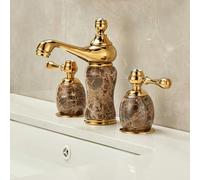 Grifo de Lavabo de 3 Orificios Dorado Retro Doble Grifo Agua Caliente Y Fría para Baño