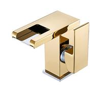Grifo de lavabo de baño con cascada LED, mezclador de latón con luces que cambian de color, mango único, diseño de 1 agujero, elegante mezclador de lavabo dorado para baños modernos