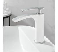 Grifo de lavabo moderno en cascada con agua fría caliente mezclador monomando de latón for lavabo de cocina(White Silver,Short)