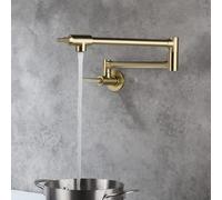 Grifo de llenado de olla de oro cepillado montado en la pared, grifo de fregadero plegable de latón macizo con brazo oscilante de doble junta y agujero único 2 asas