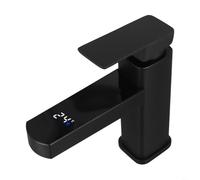Grifo digital de temperatura inteligente, mezclador de agua fría y caliente de acero inoxidable para lavabo de baño, pantalla LCD, no necesita energía, diseño negro dorado (negro)