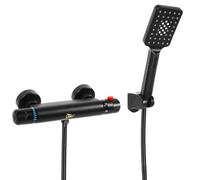 Grifo Ducha Termostatico Set Negro, Uten Grifería de Ducha, Completo con Alcachofa de Mano, Manguera 150cm, Mezclador Monomando, Latón Cromado