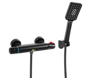 Grifo Ducha Termostatico Set Negro, Uten Grifería de Ducha, Completo con Alcachofa de Mano, Manguera 150cm, Mezclador Monomando, Latón Cromado