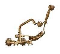 Grifo empotrado de pared de cobre de cocina, doble mango caliente y frío, patrón antiguo con spray de mano para teléfono