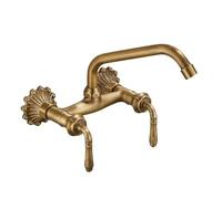 Grifo empotrado de pared de cobre de cocina, doble manilla, agua caliente y fría, patrón antiguo de doble asa recta recta de cinco vías