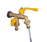 Grifo exterior for jardín, grifo de latón for riego flores y lavadora, 1 entrada, 2 salidas, natural, anticongelante(Brass e)