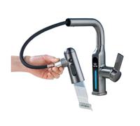Grifo extraíble para baño, grifo mezclador para lavabo en cascada de 5 modos con pantalla LED, montado sentado,Seguro y Confiable