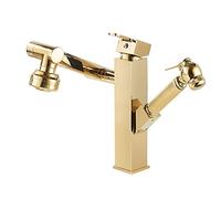 Grifo extraíble para Lavabo, Grifo de Cocina de Doble Modo Giratorio 360°, multifunción, frío y Caliente, Grifo para Lavabo con rociador, Grifo Mezclador, Dorado, Largo.