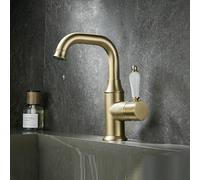 Grifo giratorio de cobre para lavabo de baño con mango de cerámica y calor, dorado cepillado C