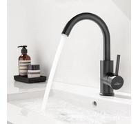 Grifo Lavabo, Auralum Grifo Lavabo Negro 360° Giratorio, Grifo Baño Altura Total 260mm con Aireador Extraíble y Mangueras 60CM