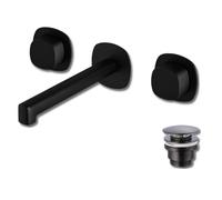 Grifo Lavabo Empotrado Bimando Mural con Válvula, Negro Mate | Cuerpo de latón y control independiente de agua fría y caliente