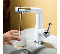 Grifo Mezclador de Baño con Manguera Extraíble 3 Modos Giro de 360° Monomando de Agua Fría Y Caliente de Latón para Lavabos Blanco + Cromo