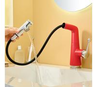 Grifo Mezclador de Baño con Manguera Extraíble 3 Modos Giro de 360° Monomando de Agua Fría Y Caliente de Latón para Lavabos Rojo + Cromo