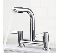 Grifo mezclador de cocina con 2 agujeros con aireador de 360°, grifo de puente giratorio para fregadero monobloque, doble palanca, centros de 180 mm, montado en cubierta con manguera G1/2, accesorios