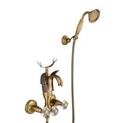 Grifo mezclador de latón antiguo montado en la pared con diseño de cisne y agua fría con volante de cristal y ducha de mano, juego Clete para una experiencia de baño rious