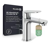 Grifo mezclador de lavabo de baja presión KLUDI X1, altura del caño 95 mm, ahorro de agua, cartucho cerámico, con 3 mangueras de conexión