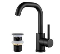 Grifo mezclador de lavabo negro, giratorio de 360° de acero inoxidable con desagüe emergente, grifo mezclador de agua fría y caliente, accesorios estándar G1/2 del Reino Unido