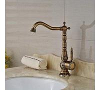 Grifo mezclador giratorio de latón antiguo con boquilla larga y un solo mango, diseño tallado elegante, estilo vintage, ideal para baños clásicos