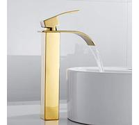 Grifo mezclador moderno de cascada, arco alto, monomando para lavabo baño, interruptor agua fría y caliente, diseño boquilla alta, acabado dorado