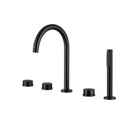 Grifo mezclador moderno de cuello de cisne negro con cabezal de ducha y manguera, elegante grifo de baño para duchas y baños de lujo