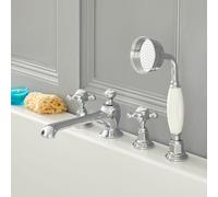 Grifo Mezclador para Bañera de 4 Agujeros con Telefonillo Estilo Tradicional Color Cromado y Blanco con Manijas en Cruceta - Elizabeth