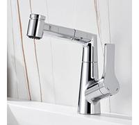 Grifo Mezclador para Lavabo con pulverizador extraíble latón Agua fría y Caliente telescópico Grifo para Lavabo de baño de un Solo Orificio-Cromo