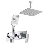 Grifo monomando de ducha para empotrar QUE. Salida techo. Incluye: rociador extraplano, soporte, flexo, maneral y brazo de ducha. Ducha empotrable con acabado cuadrado en cromo brillo