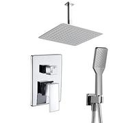 Grifo monomando ducha para empotrar CHE salida techo. Acabado cuadrado cromo brillo. Incluye soporte con toma agua, flexo PVC plateado, brazo ducha y rociador extraplano