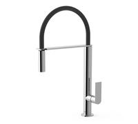 Grifo monomando para fregadero con caño curvo y rociador flexible en latón cromado TRES